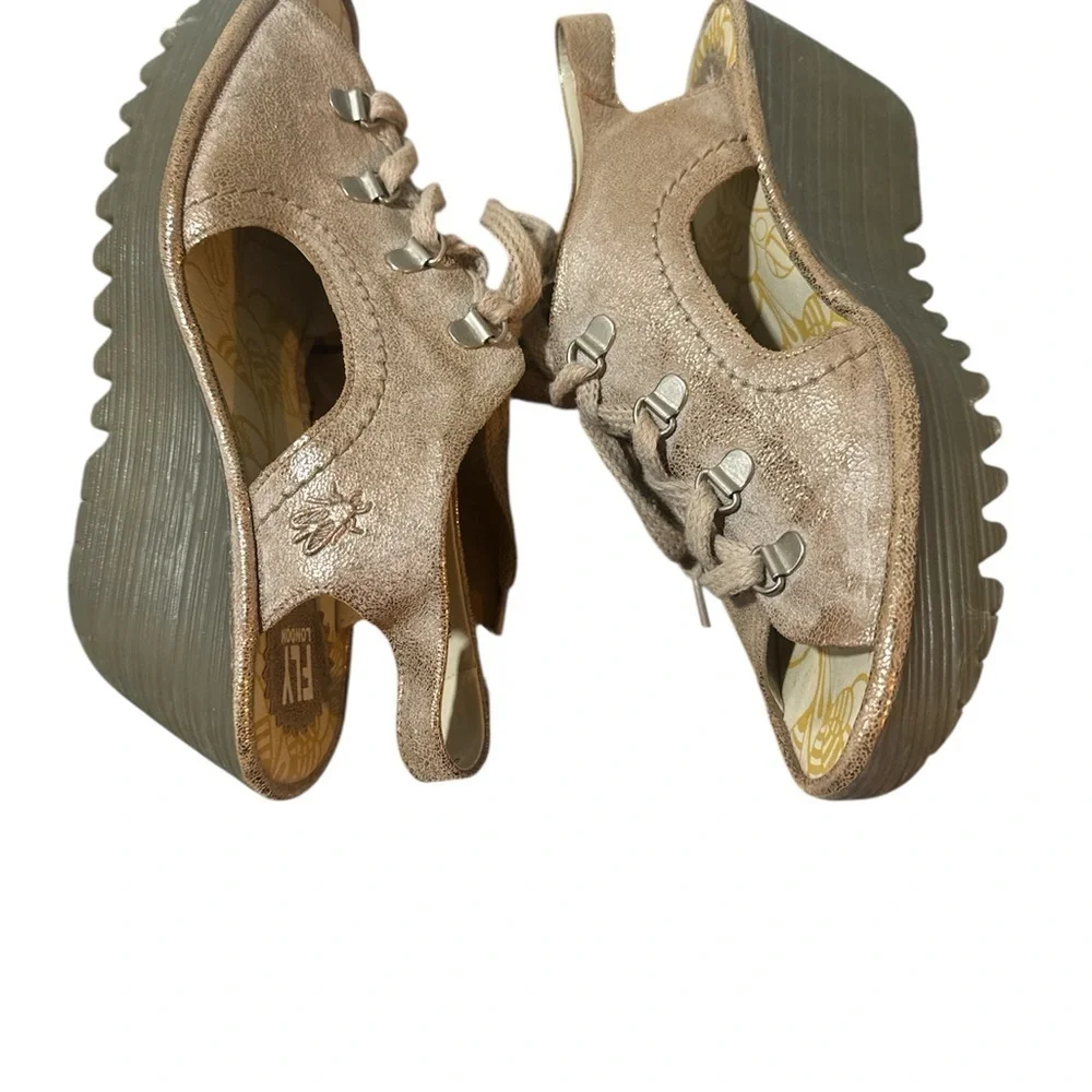 Fly London Lace-up Metallic Leather Wedge Peep Toe Sandals Gold Rose Sz 40